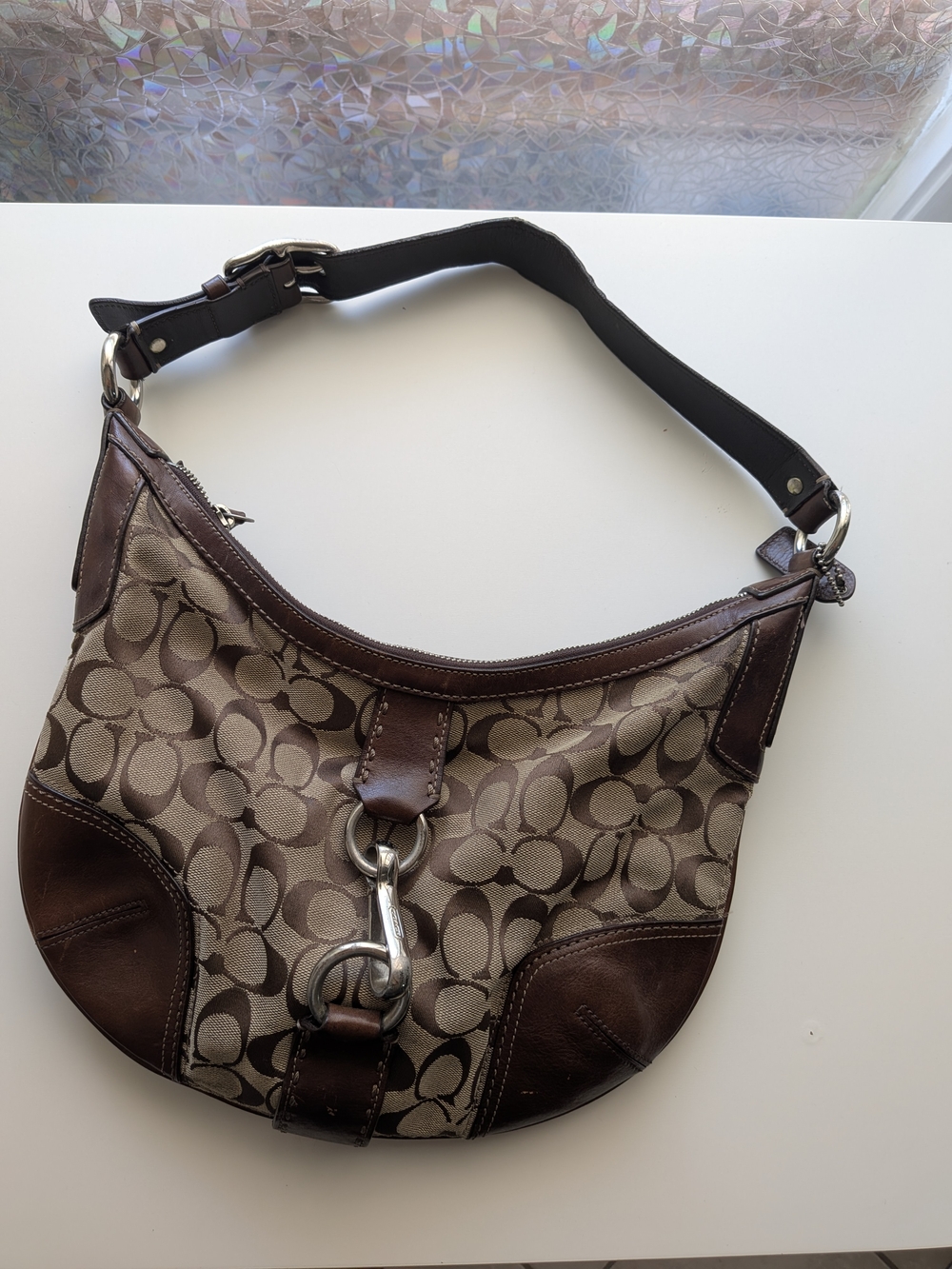 Coach Brown Signature Jacquard Hobo with Dark Brown Leather Trim